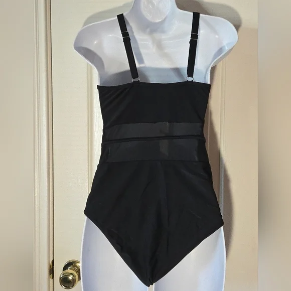 Holipick One Piece Swimsuit Bathing Suit Black Mesh Cutouts High Neck See Throug - Picture 4 of 16